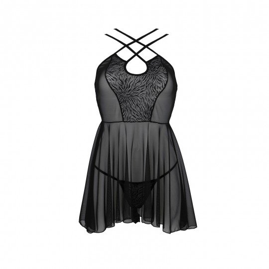CAMISA DE NOITE E TANGA SELAGINELLA PRETO ECO COLLECTION PASSION