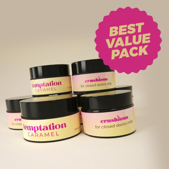 PACK 5 + 1 GRÁTIS VELA DE MASSAGEM TEMPTATION COM FEROMONAS E AROMA DE CARAMELO 20ML CRUSHIOUS